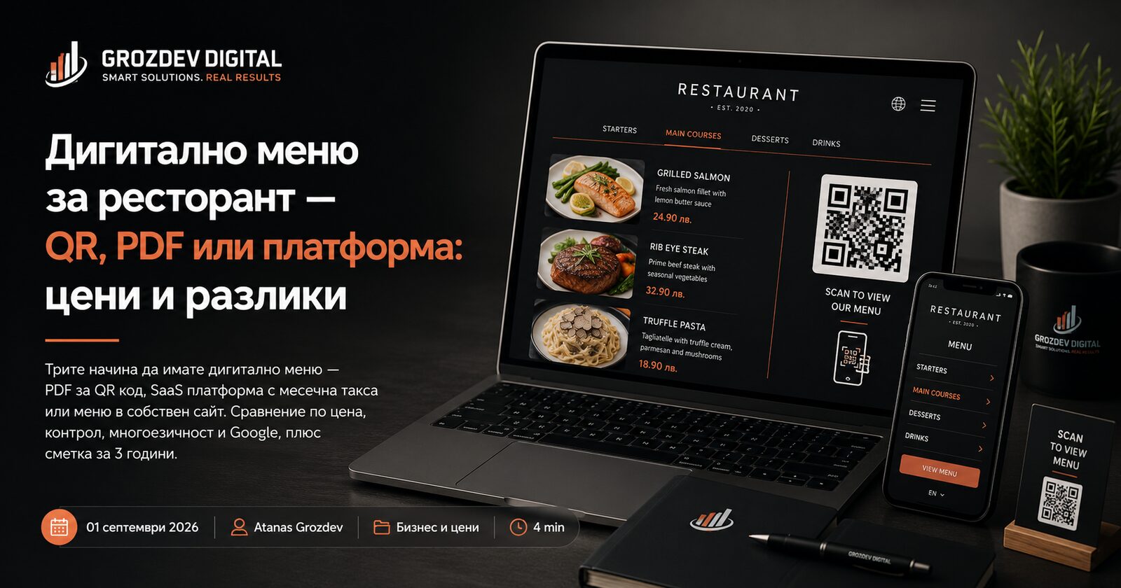 Дигитално меню за ресторант — QR, PDF или платформа: цени и разлики